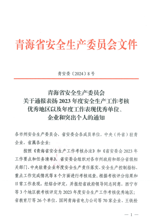 喜報！2023年度安全生產(chǎn)工作優(yōu)秀企業(yè)和突出個人名單揭曉！
