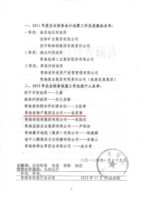 物產(chǎn)集團(tuán)榮獲2011年度財(cái)務(wù)決算先進(jìn)單位、2012年度財(cái)務(wù)快報(bào)工作先進(jìn)個(gè)人表彰
